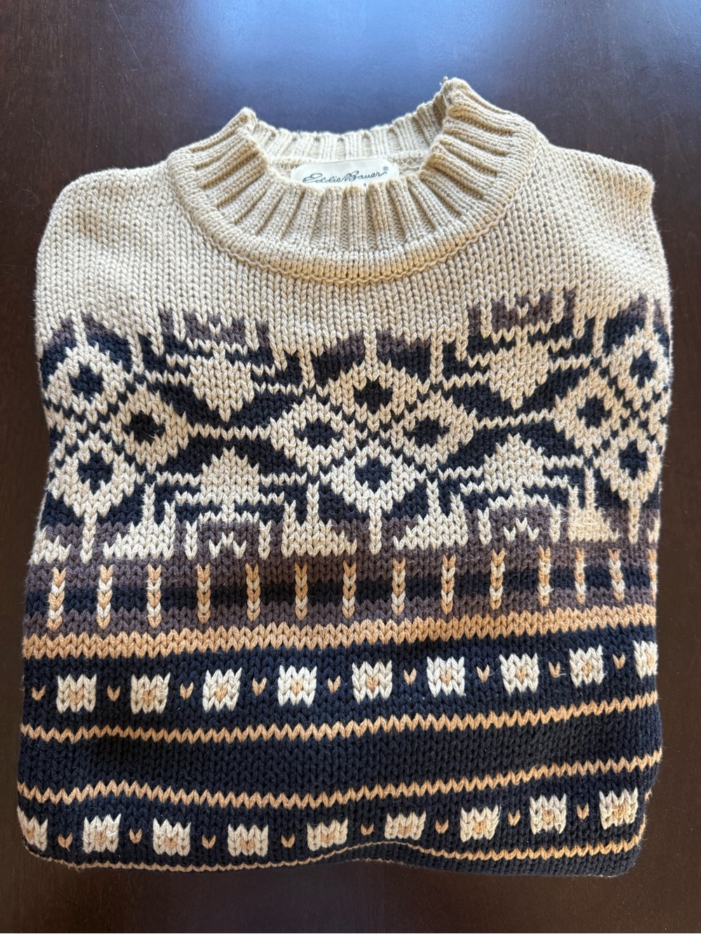 Eddie Bauer Men’s Tan, Black and Brown Fair Isle Wool Crewneck Sweater